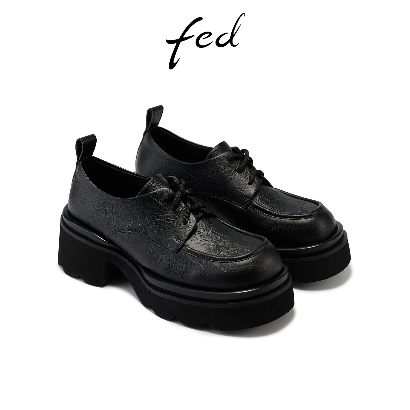 fed黑色牛皮厚底系带小皮鞋女