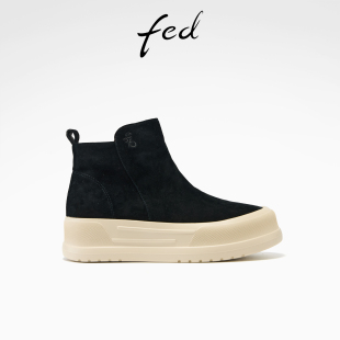 S0930 fed厚底短靴冬季 女款 女靴黑色简约单靴高帮休闲鞋 YA162 新款