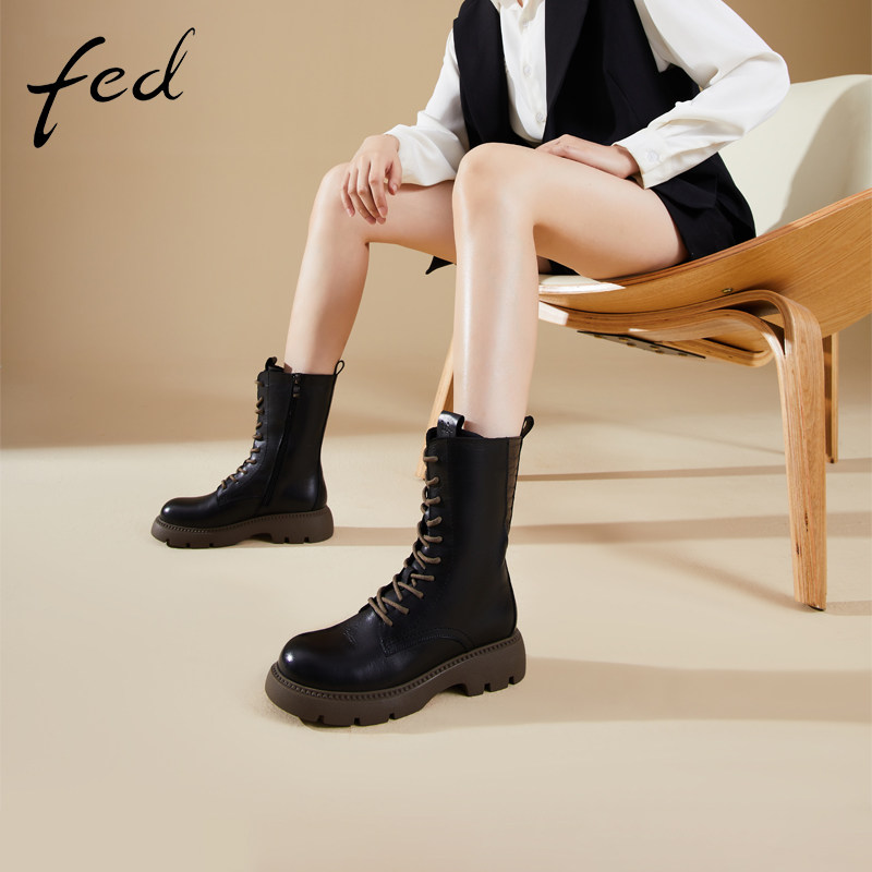 fed马丁靴女加绒冬季新款系带厚底复古炸街小短靴皮靴1123-Z