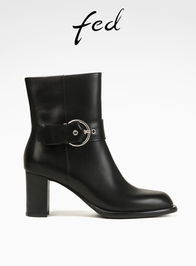fed黑色真皮靴冬季新款女靴瘦瘦时装靴通勤粗跟单靴女D1029-ZF168