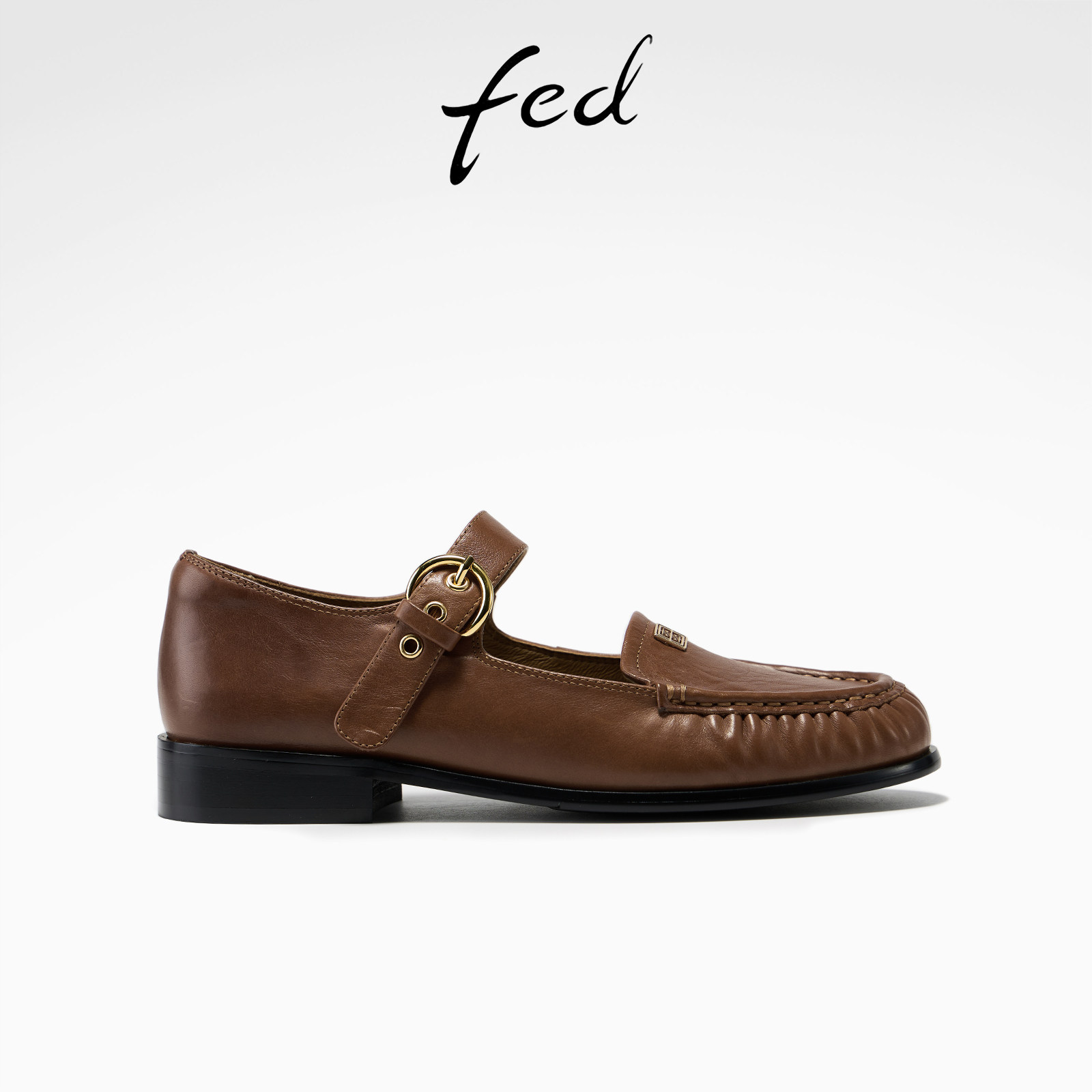 fed褶皱玛丽珍鞋女春季新款女鞋咖啡腰封单鞋复古小皮鞋女款YA0