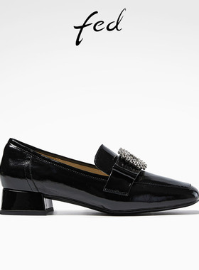 fed低跟单鞋秋季新款女鞋洋气真皮水钻粗跟乐福鞋女R0603-YSA008