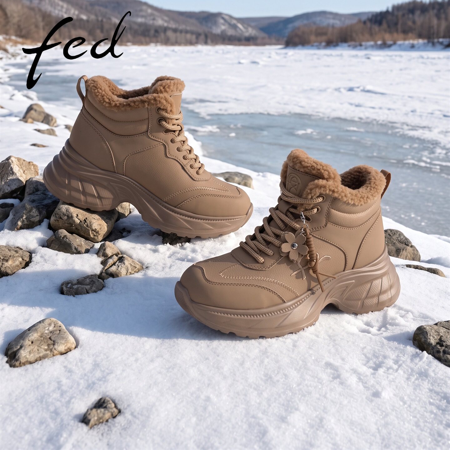 fed卡其色真皮雪地靴女冬季