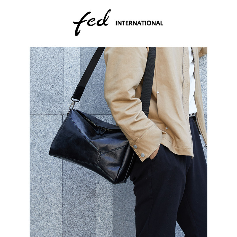 fed植鞣皮头层牛皮男包斜挎包爆款单肩包休闲大容量几何包BFA2
