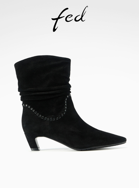 fed粗跟时装靴女冬季新款女靴黑色短靴气质堆堆靴女款S0930-ZC358