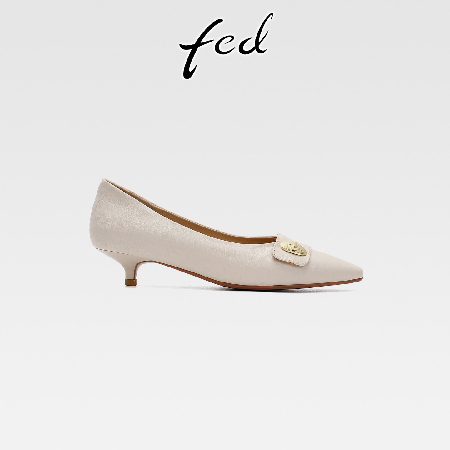 fed法式复古真皮细跟小皮鞋女春秋款一脚蹬中跟方头浅口通勤单鞋