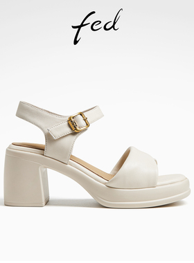 fed白色罗马凉鞋夏季新款女鞋软底法式高跟皮凉鞋女D0509-ZCA573