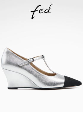 fed银色玛丽珍鞋女秋季新款女鞋尖头坡跟真皮单鞋女款D0530-ZF393