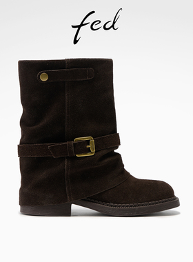 fed复古西部靴冬季新款女靴粗跟时装靴中筒裤管靴女S1201-ZFB376