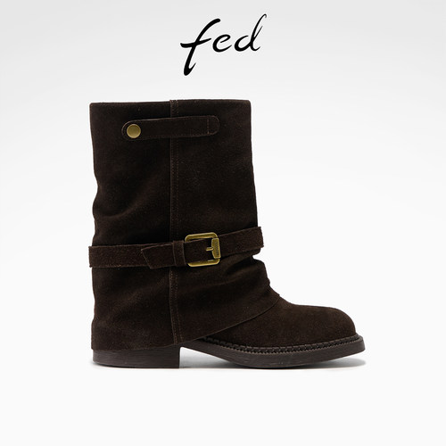 fed复古西部靴冬季新款女靴粗跟时装靴中筒裤管靴女S1201-ZFB376