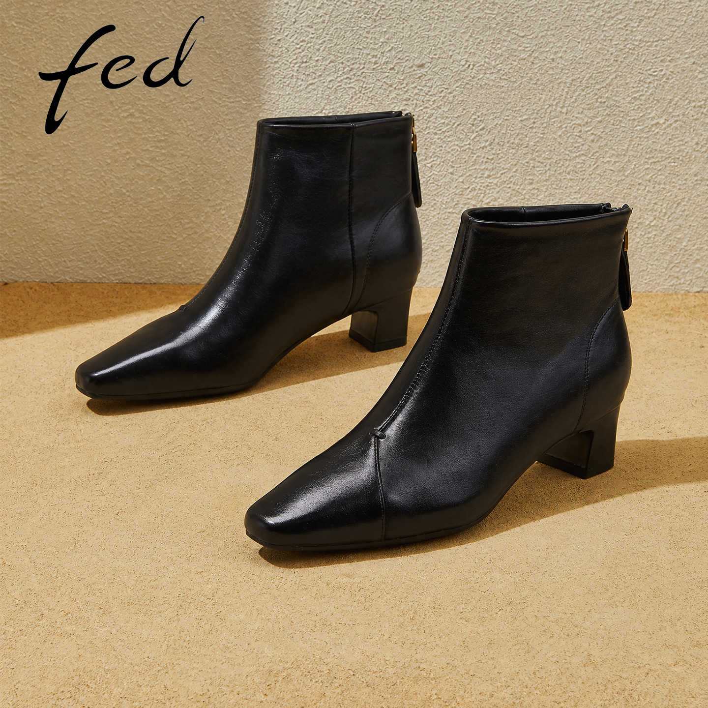 fed方头粗跟真皮瘦瘦短靴女款