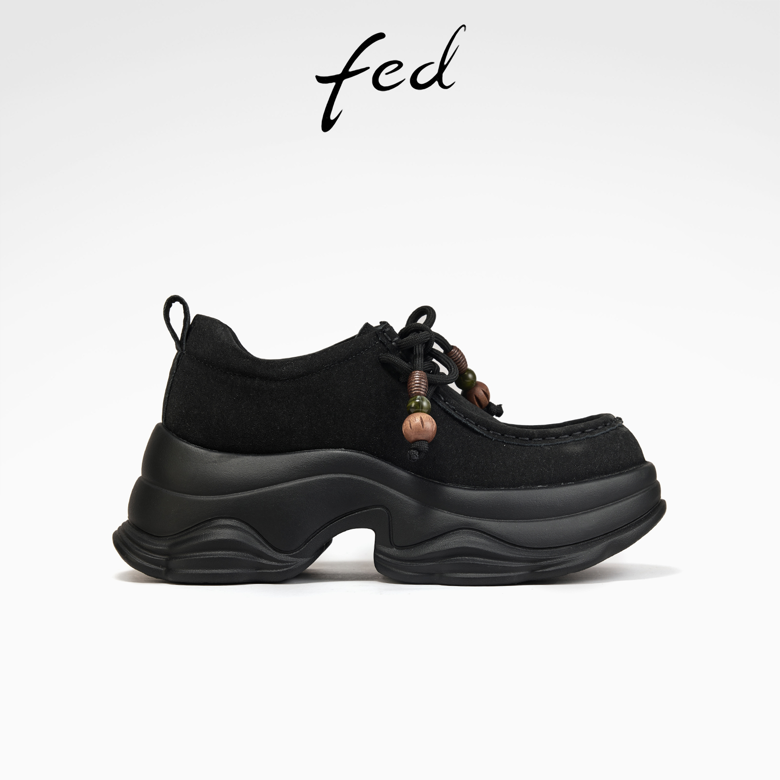 fed厚底小皮鞋秋季新款女鞋圆头深口单鞋串珠乐福鞋女S0812-YA696