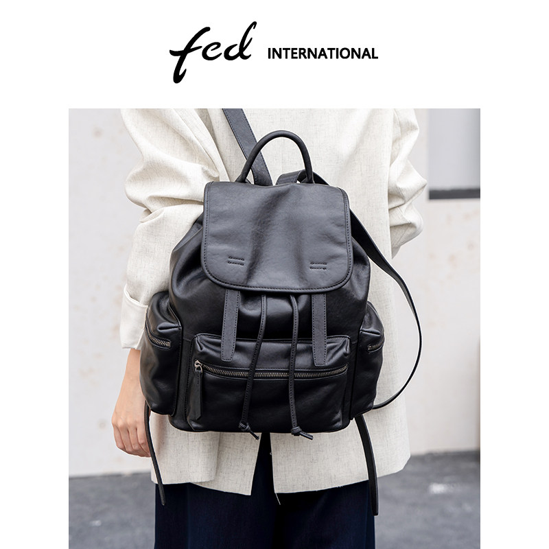 fed植鞣皮头层牛皮真皮女包手提旅游休闲背包大容量双肩包BFA7