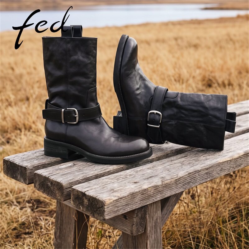 fed真皮粗跟中筒增高骑士靴女