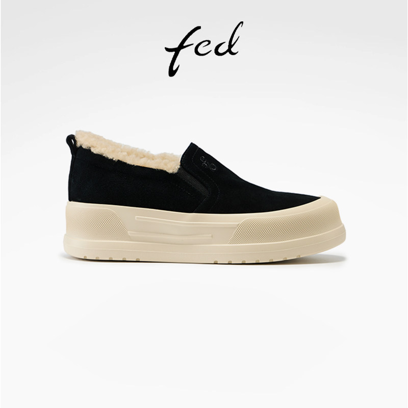 fed真皮厚底增高绒口板鞋女款