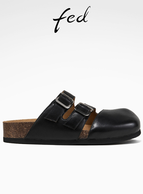 fed复古勃肯鞋夏季新款女鞋真皮包头拖鞋黑色半拖女款S0327-YA652