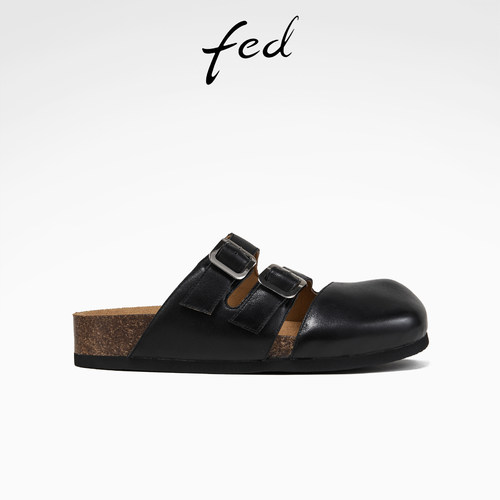 fed复古勃肯鞋夏季新款女鞋真皮包头拖鞋黑色半拖女款S0327-YA652