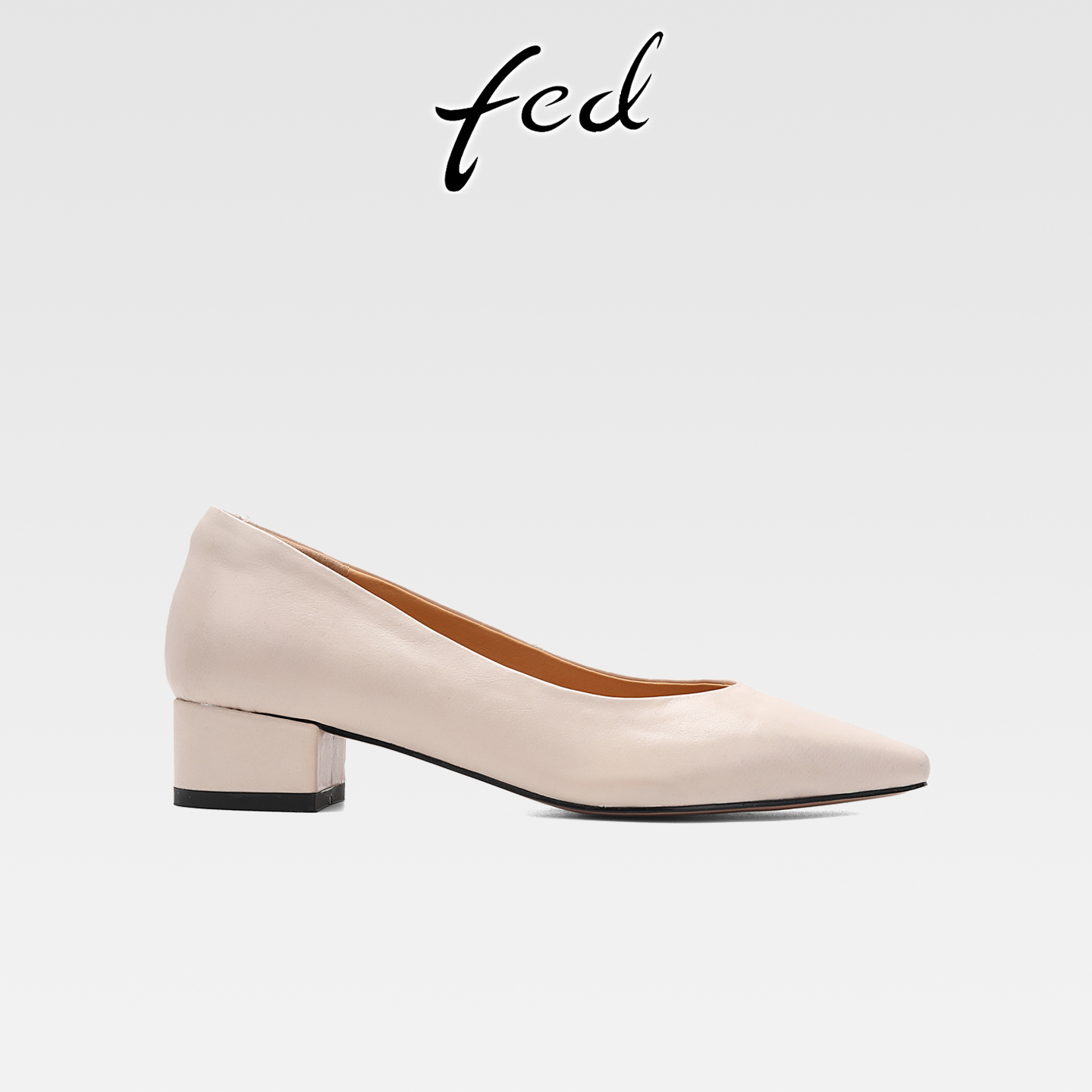 fed法式风真皮粗跟方头白色小皮鞋女一脚蹬中跟浅口通勤工作单鞋