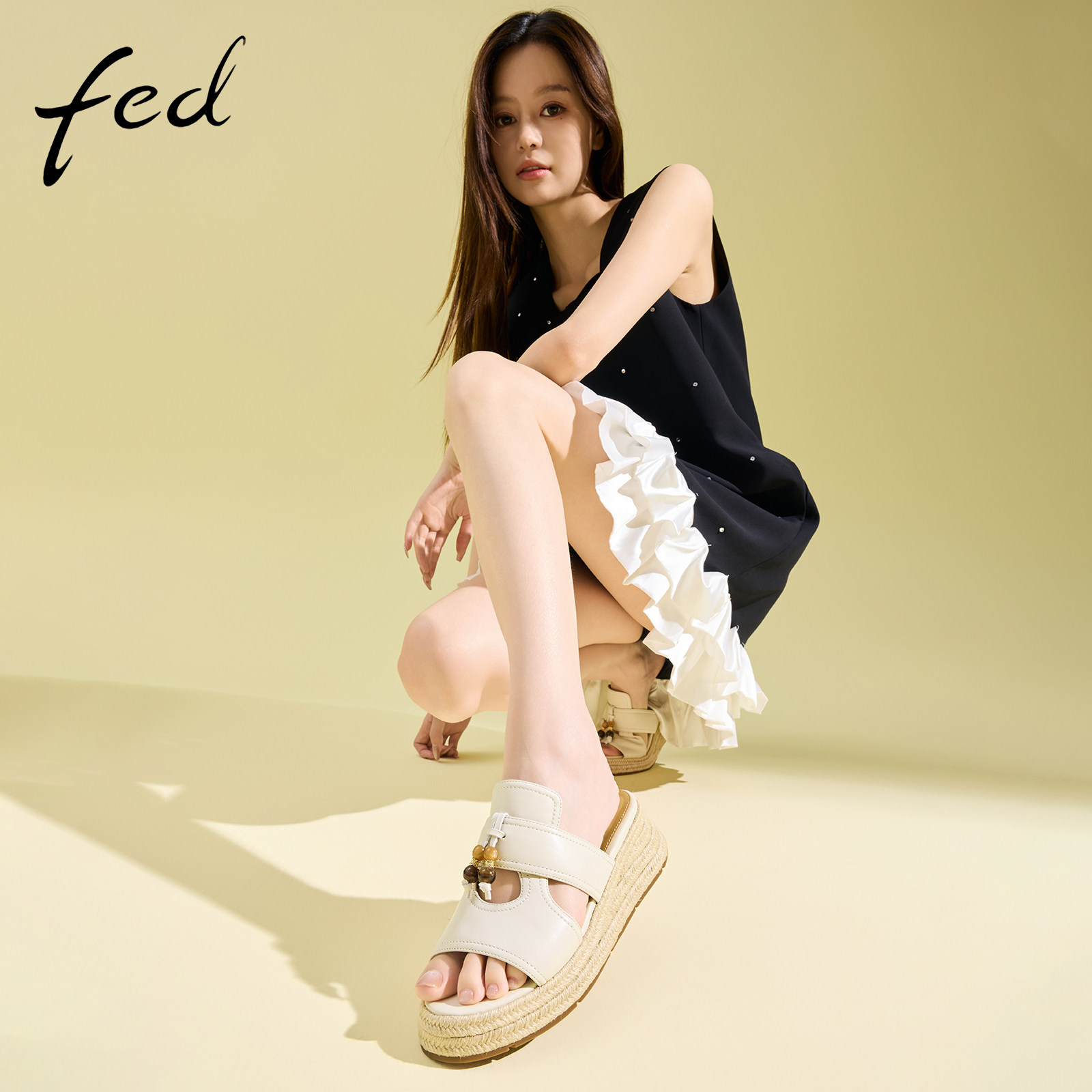 fed复古串珠坡跟一字拖鞋女夏