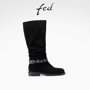S1107 fed粗跟西部靴女冬季 靴堆堆长靴女款 女靴串珠时装 YA305 新款