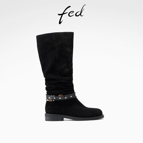 fed粗跟西部靴女冬季新款女靴串珠时装靴堆堆长靴女款S1107-YA305