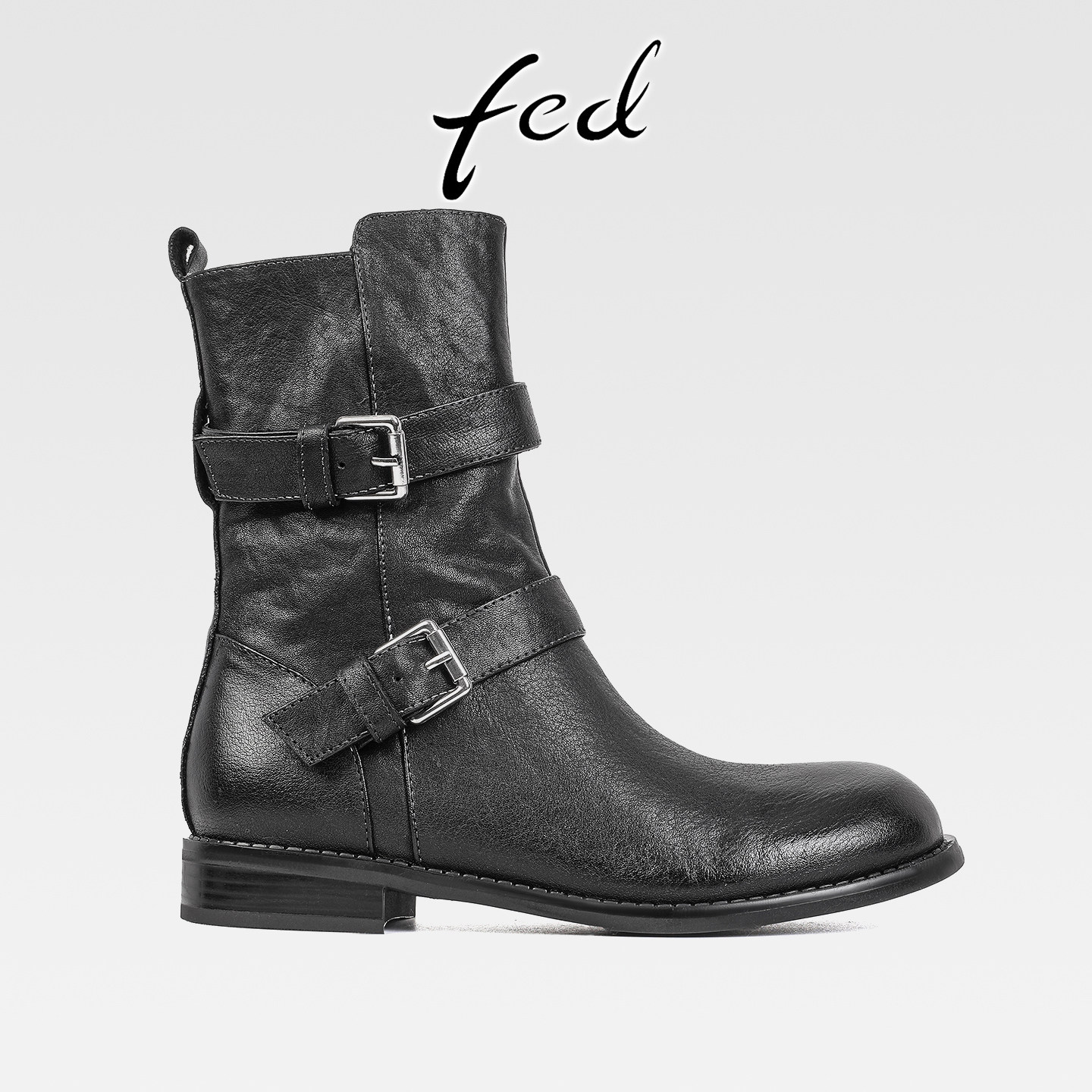 fed英伦风真皮粗跟皮带扣马丁靴女秋冬款侧拉链低跟圆头机车短靴