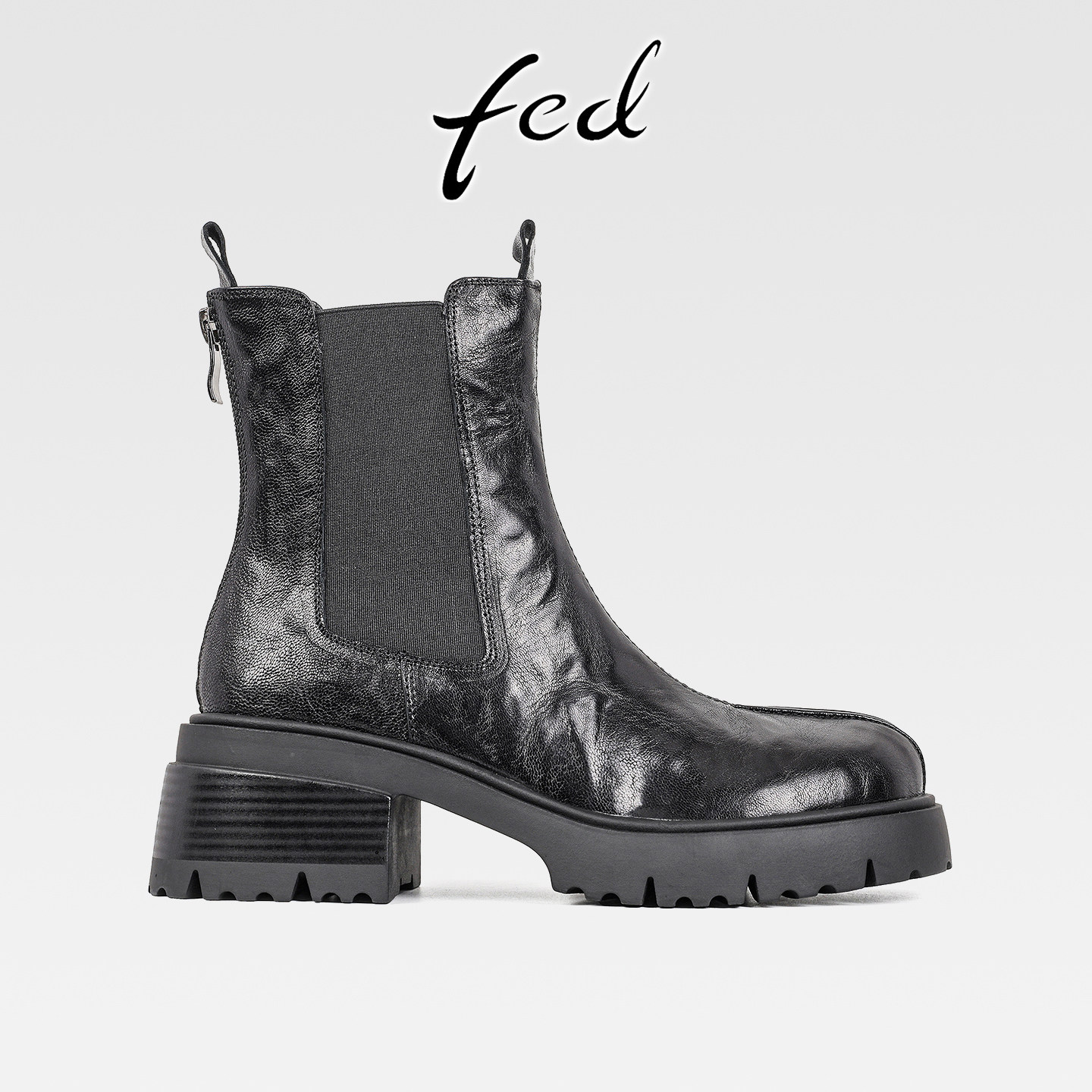 fed英伦风羊皮粗跟厚底切尔西短靴女秋冬新款后拉链中跟圆头短靴