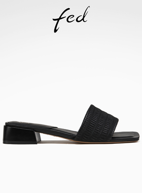 fed黑色一字拖鞋夏季新款女鞋气质方头低跟凉拖鞋女款S0321-ZC589
