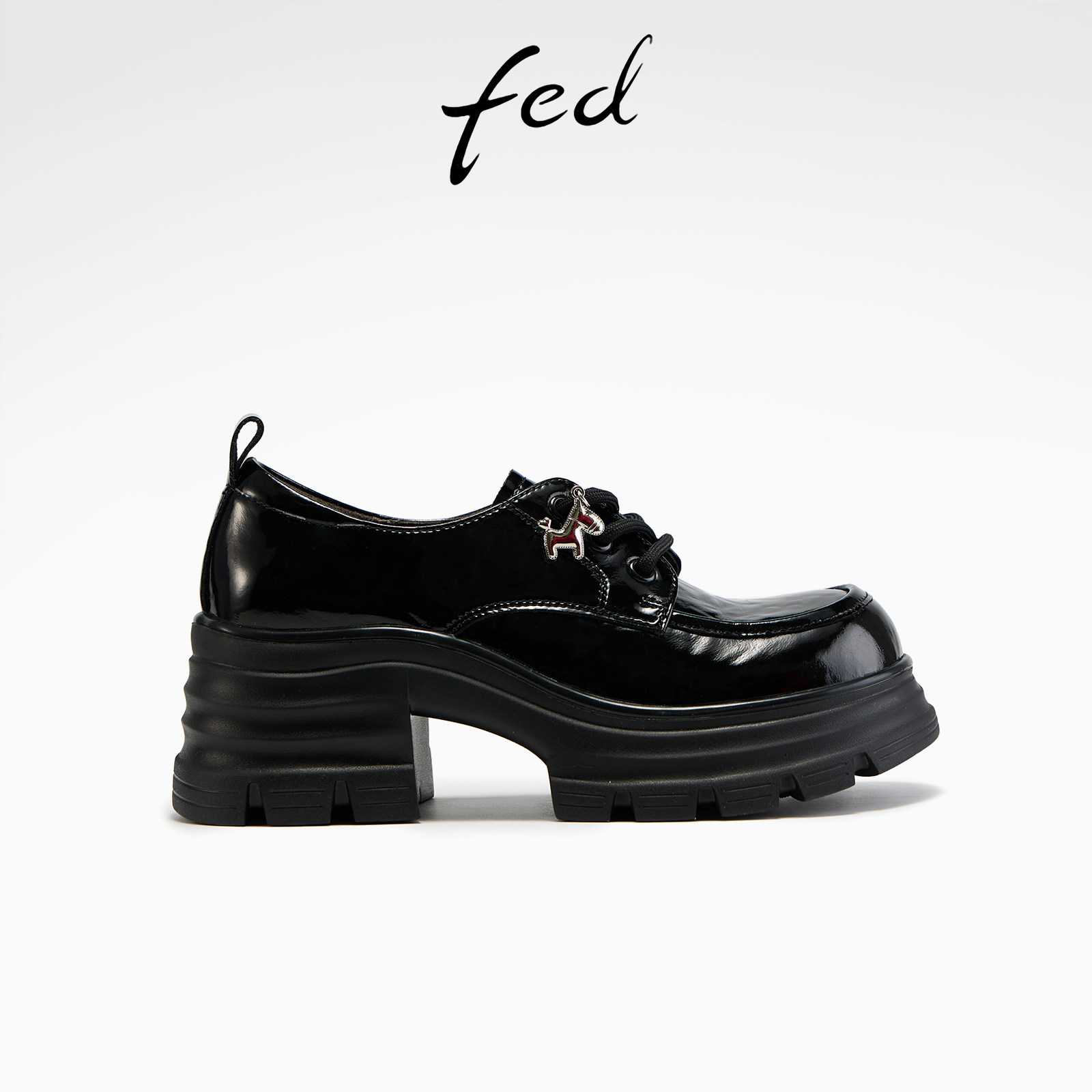 fed黑胶步调单鞋春季新款女鞋系带小皮鞋粗跟厚底乐福鞋女款ZC167