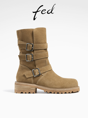 fed绒面西部靴女冬季新款靴子复古时装靴中筒靴女款R1102-ZFA302