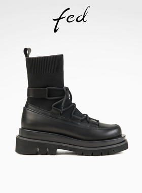 fed粗跟短靴女冬季新款女靴黑色瘦瘦靴拼接时装靴女款D1108-YA179