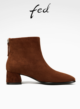 fed粗跟时装靴冬季新款女靴复古短靴绒面瘦瘦靴女款D1015-YAB821