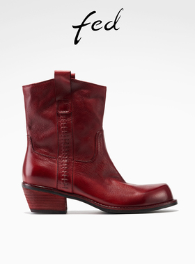 fed气质短靴冬季新款女靴真皮时装靴粗跟西部靴女款S1028-ZZA075