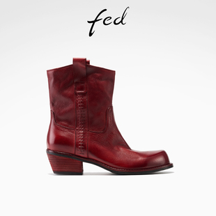 S1028 fed气质短靴冬季 靴粗跟西部靴女款 女靴真皮时装 ZZA075 新款
