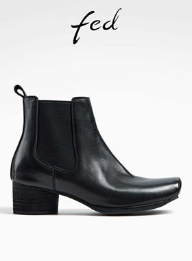 fed方头切尔西靴冬季新款女靴黑色烟筒靴真皮短靴女款D0923-ZF083