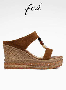 fed许愿石凉拖夏季新款女鞋厚底拖鞋复古真皮一字拖女S0602-ZF323