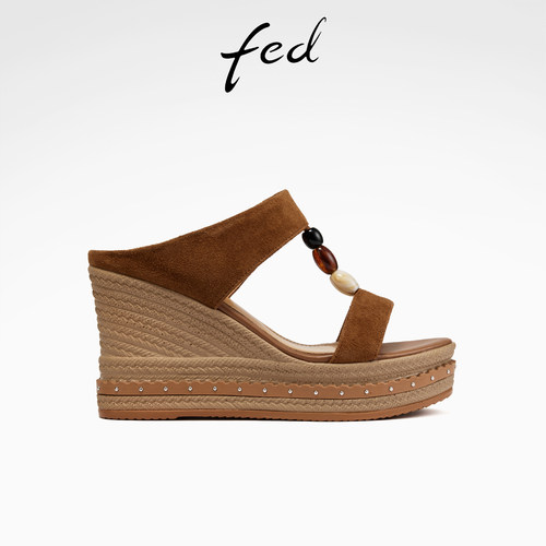 fed许愿石凉拖夏季新款女鞋厚底拖鞋复古真皮一字拖女S0602-ZF323