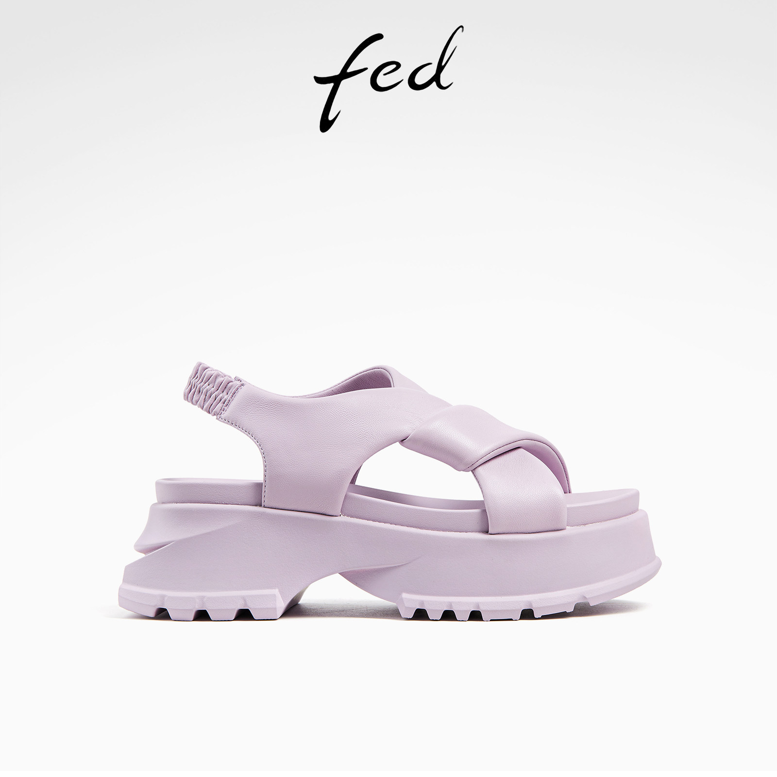 fed浅紫色真皮交叉带厚底凉拖
