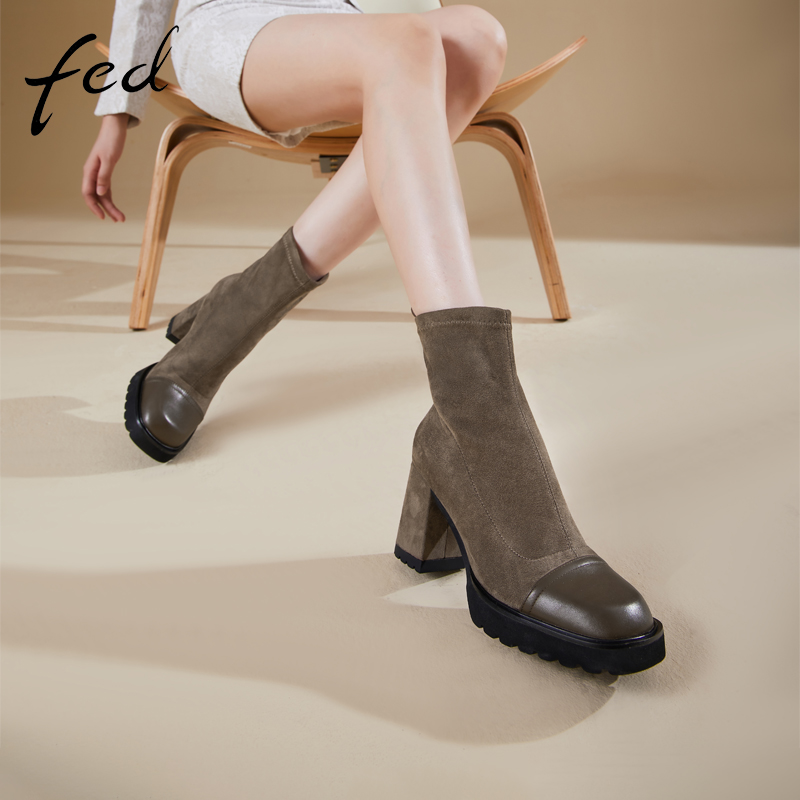 fed厚底粗高跟靴子女靴