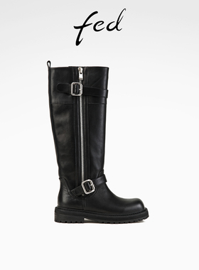 fed复古骑士靴春季新款女靴方头长筒靴皮带扣时装靴女D1121-ZF129