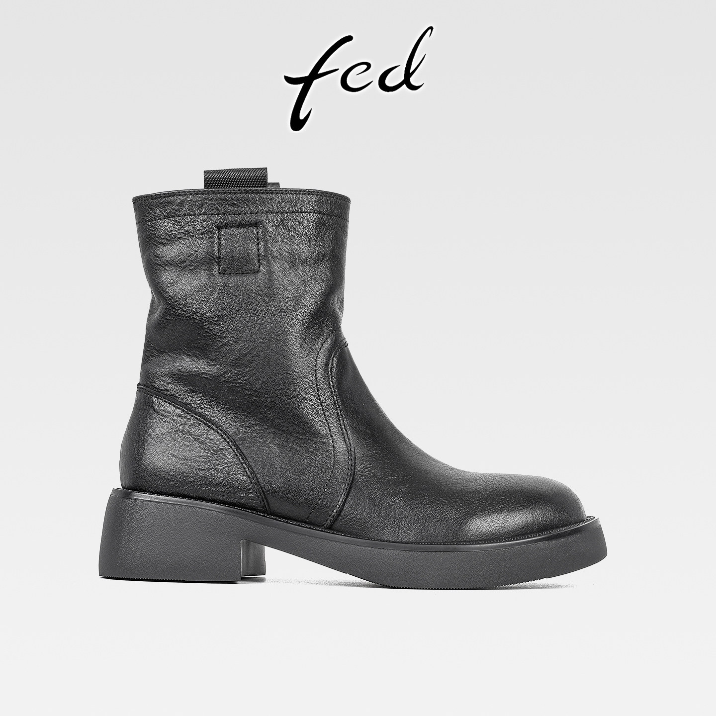 fed复古真皮粗跟厚底切尔西短靴女秋冬款百搭中跟圆头显瘦马丁靴