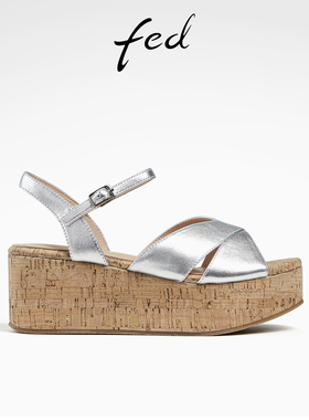 fed银色鱼嘴凉鞋女夏季新款女鞋真皮松糕底沙滩鞋女款D0528-YA009