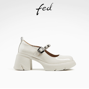 fed白色小皮鞋春季新款女鞋粗跟玛丽珍鞋法式单鞋女D0408-ZCA361