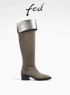 fed复古时装靴秋季新款女靴瘦瘦骑士靴翻领长筒靴女D0907-YAB179