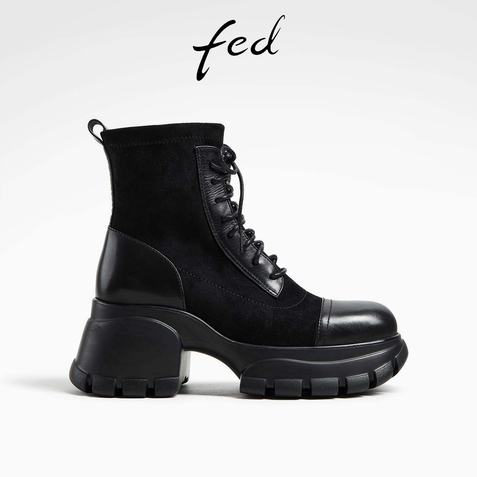 fed拼接厚底马丁短靴女亮皮
