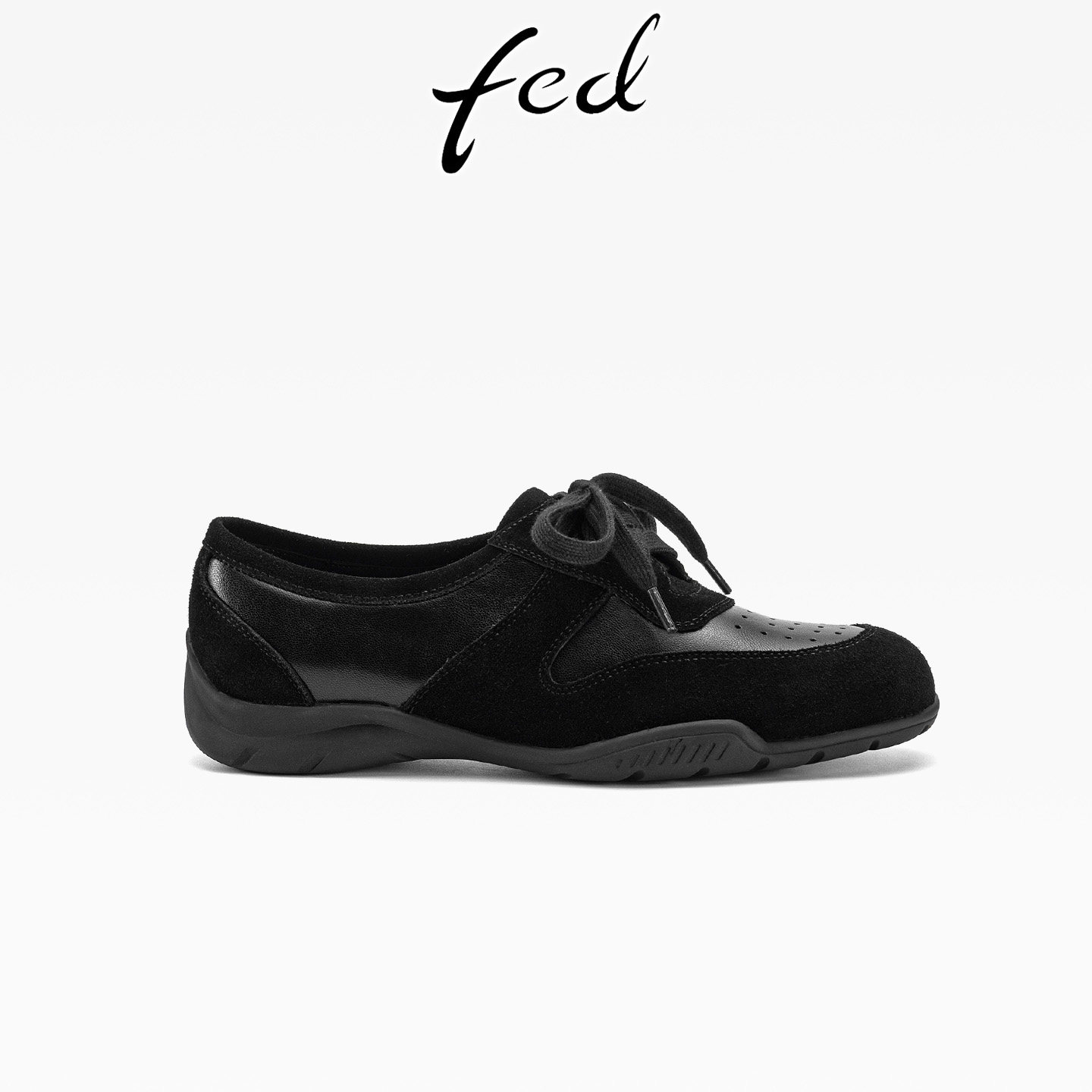 fed黑色磨砂真皮舒适德训鞋女春秋新款系带深口户外薄底休闲单鞋