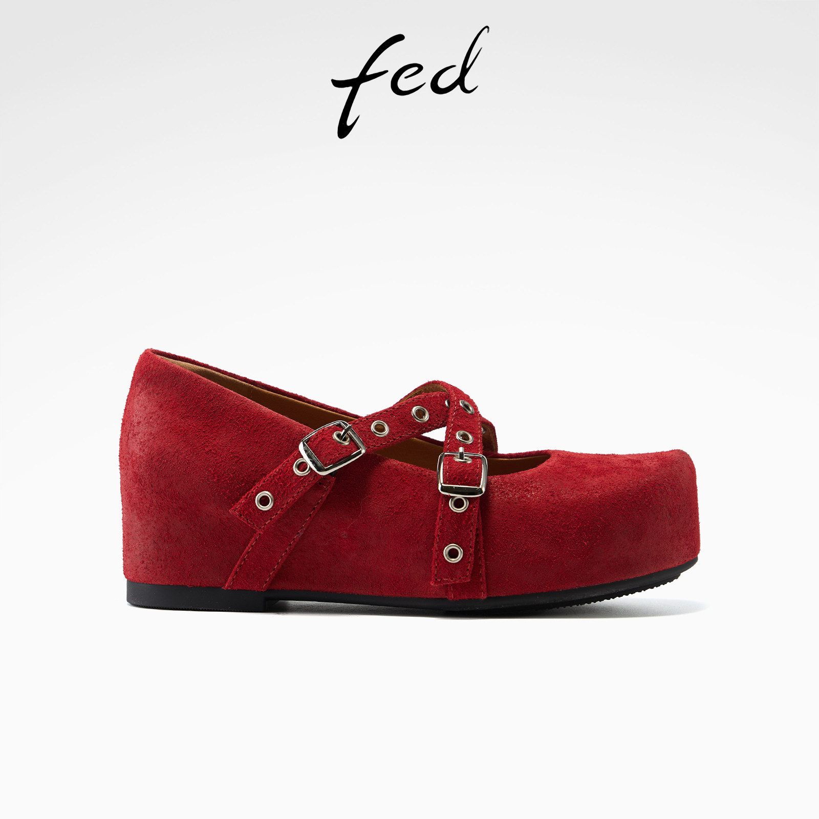 fed坡跟单鞋春季新款女鞋红笺织痕玛丽珍鞋增高芭蕾鞋女款YAB0