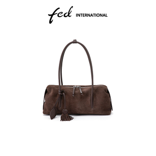 fed麂皮工艺头层牛皮真皮反绒磨砂波士顿包手提单肩包女包BFA9433