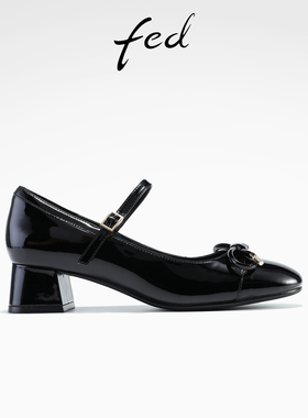 fed黑色小皮鞋春季新款女鞋圆头玛丽珍鞋浅口单鞋女款S1118-YA961