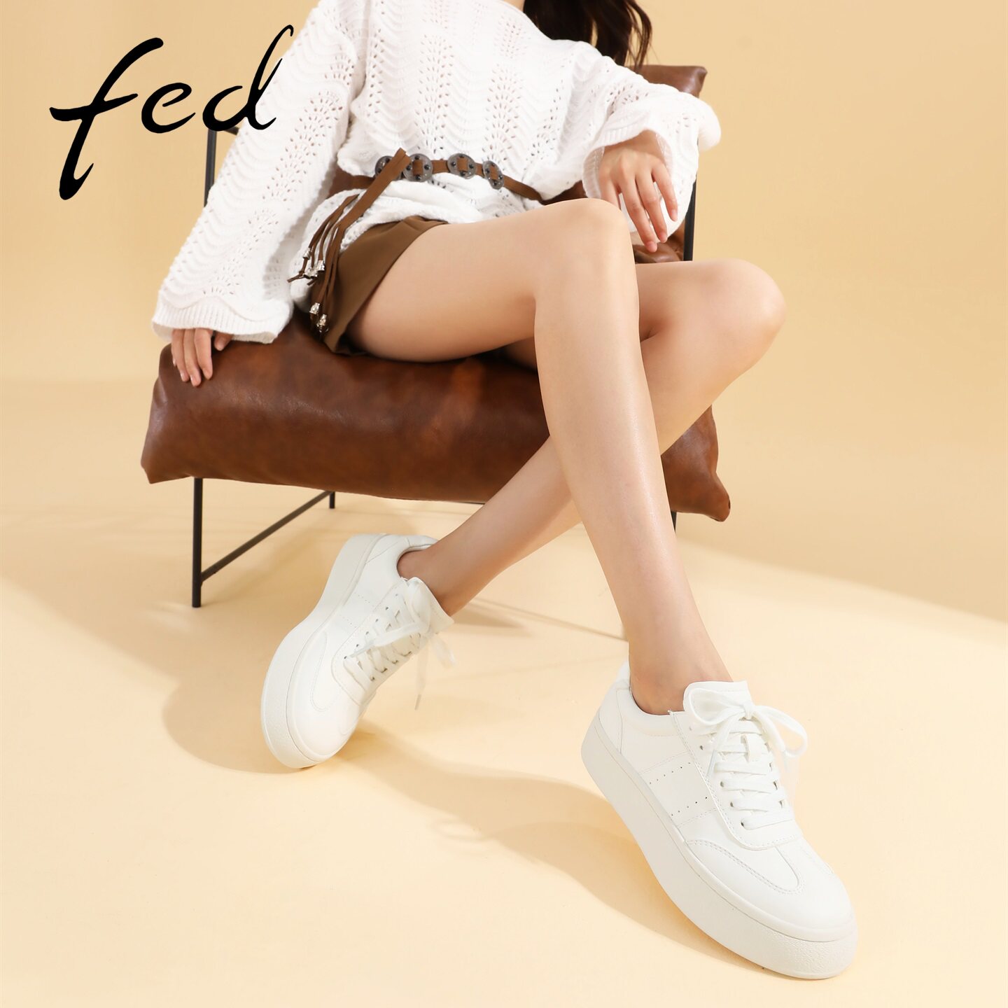 fed真皮厚底增高女小白鞋